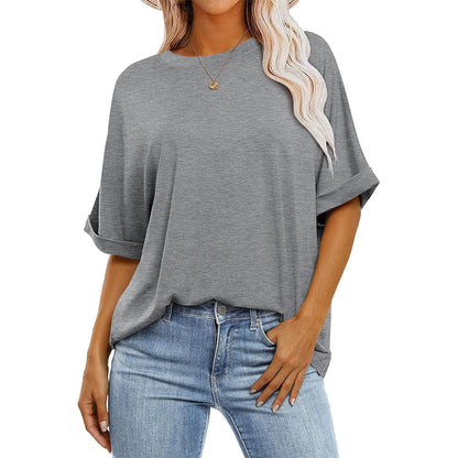Women Casual Loose Solid Color Round Neck Short-Sleeve T-Shirt