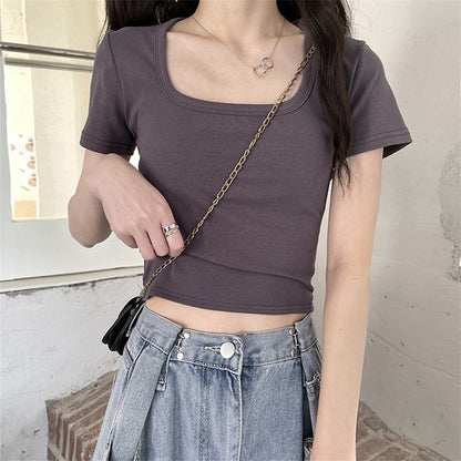 Camiseta informal de manga corta con cuello cuadrado y base de color liso para mujer
