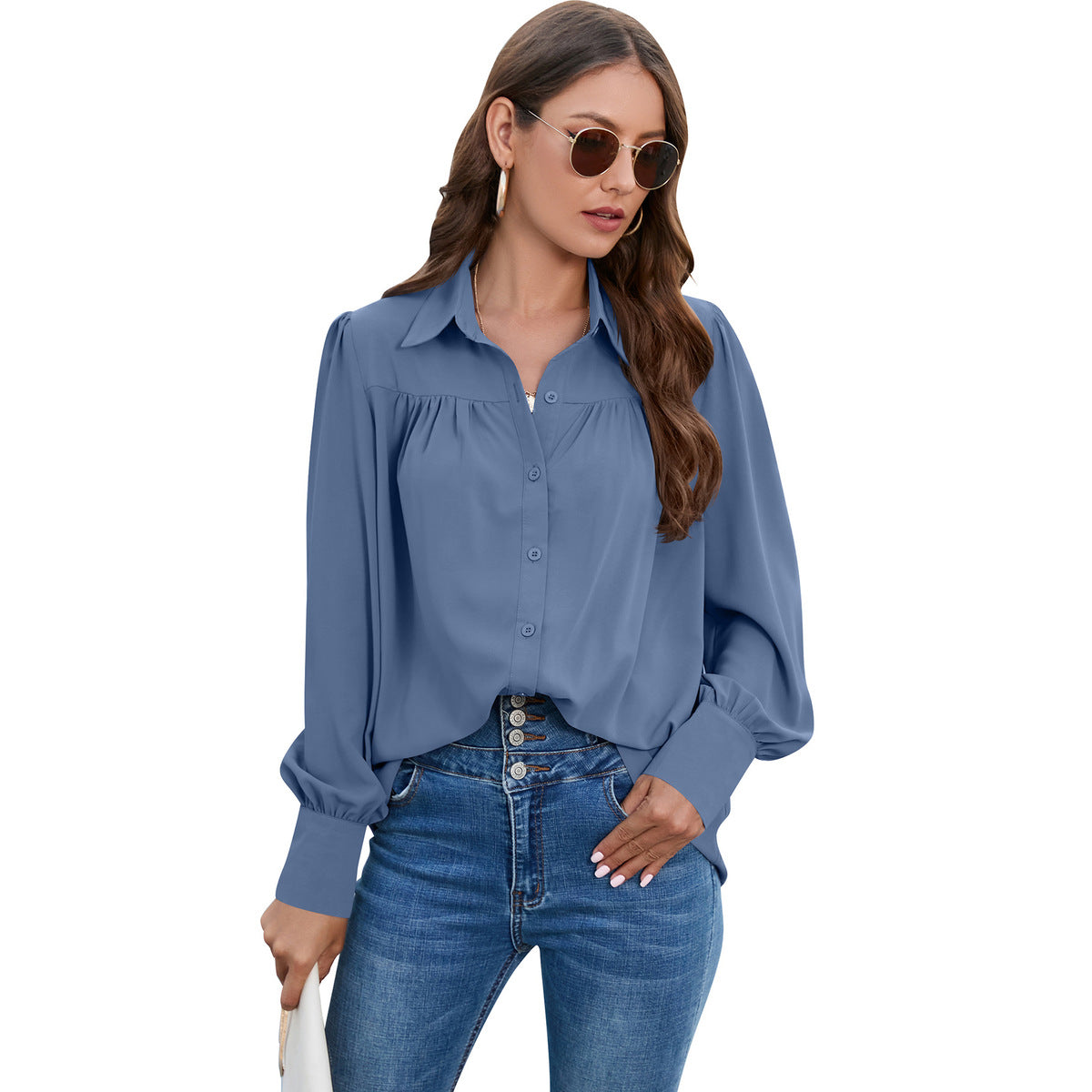 Blusa informal de gasa plisada de manga larga de color liso para mujer, talla grande