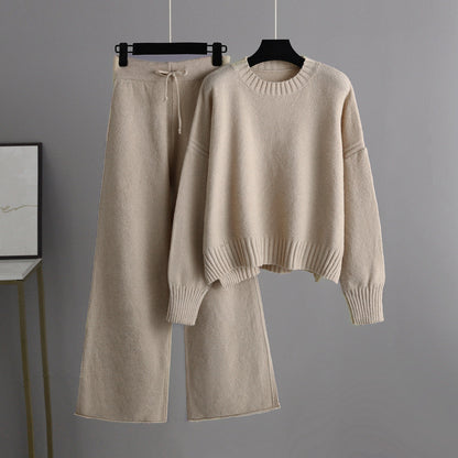 Autumn Winter Women Fashion Casual Knitted Sweater Wide Leg Pants Two-Piece Set