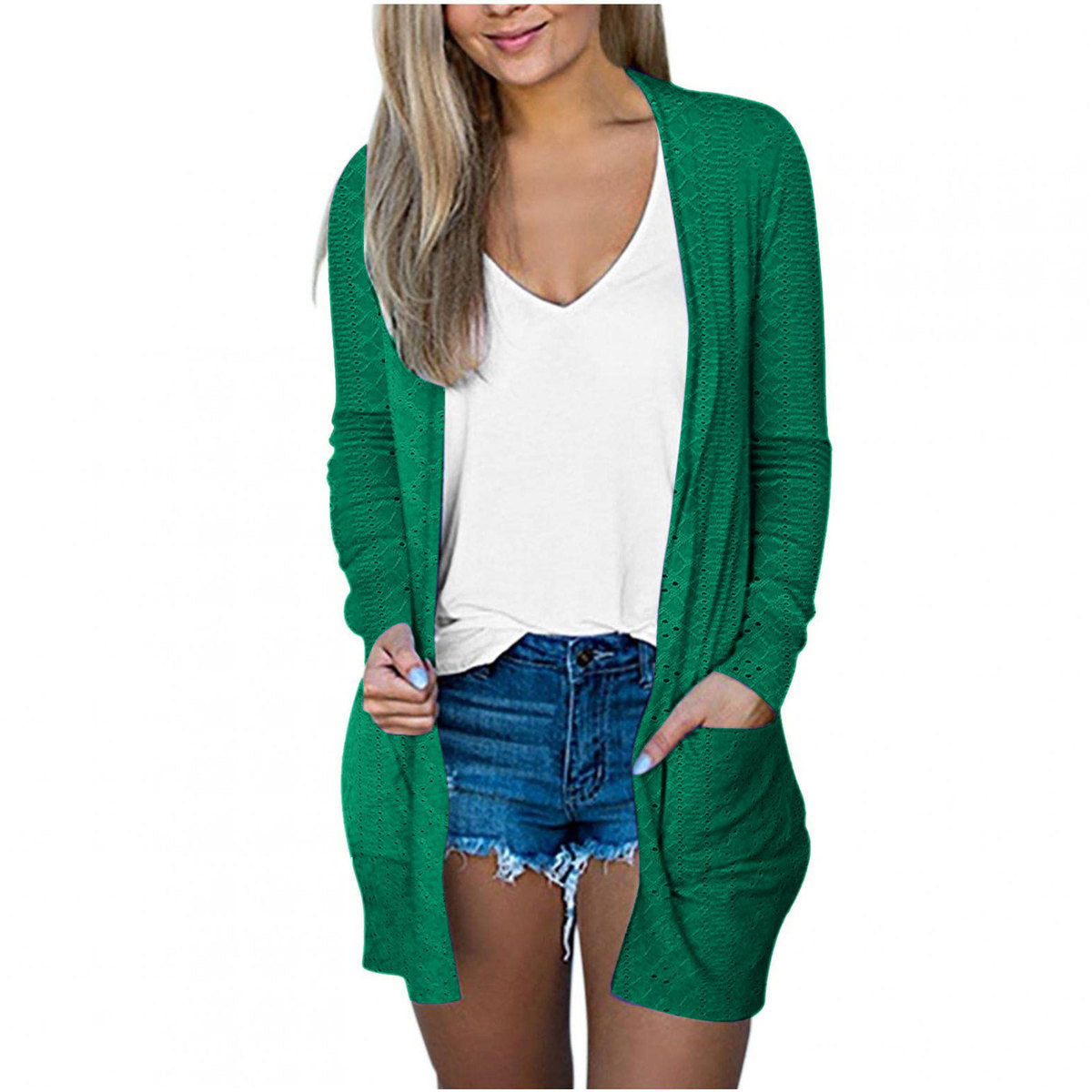 Abrigo informal holgado de manga larga con bolsillos en color liso para mujer