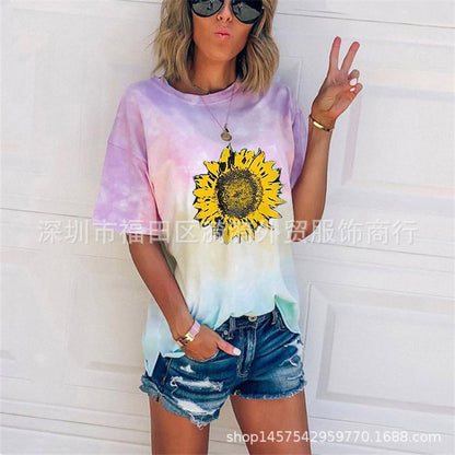 Camiseta informal holgada con cuello redondo y estampado degradado tie-dye para mujer