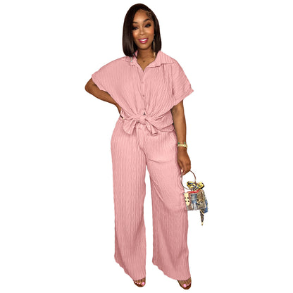 Women Spring And Summer Tree Pattern Embossed Cloth Short-Sleeved Shirt Casual Wide-Leg Pants Set