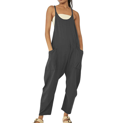 Women Fashion Casual Solid Color Pocket Suspenders Loose Jumpsuit