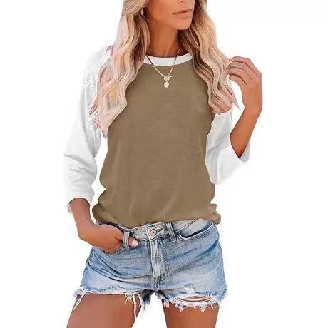 Camiseta informal de manga larga con cuello redondo y contraste de colores para mujer