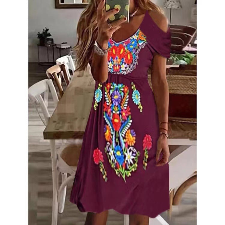 Women Bohemian Style Pleated Off-Shoulder Short-Sleeved Casual Midi Dress
