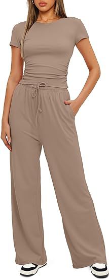 Conjunto de dos piezas de top y pantalón de manga corta de color liso informal para mujer