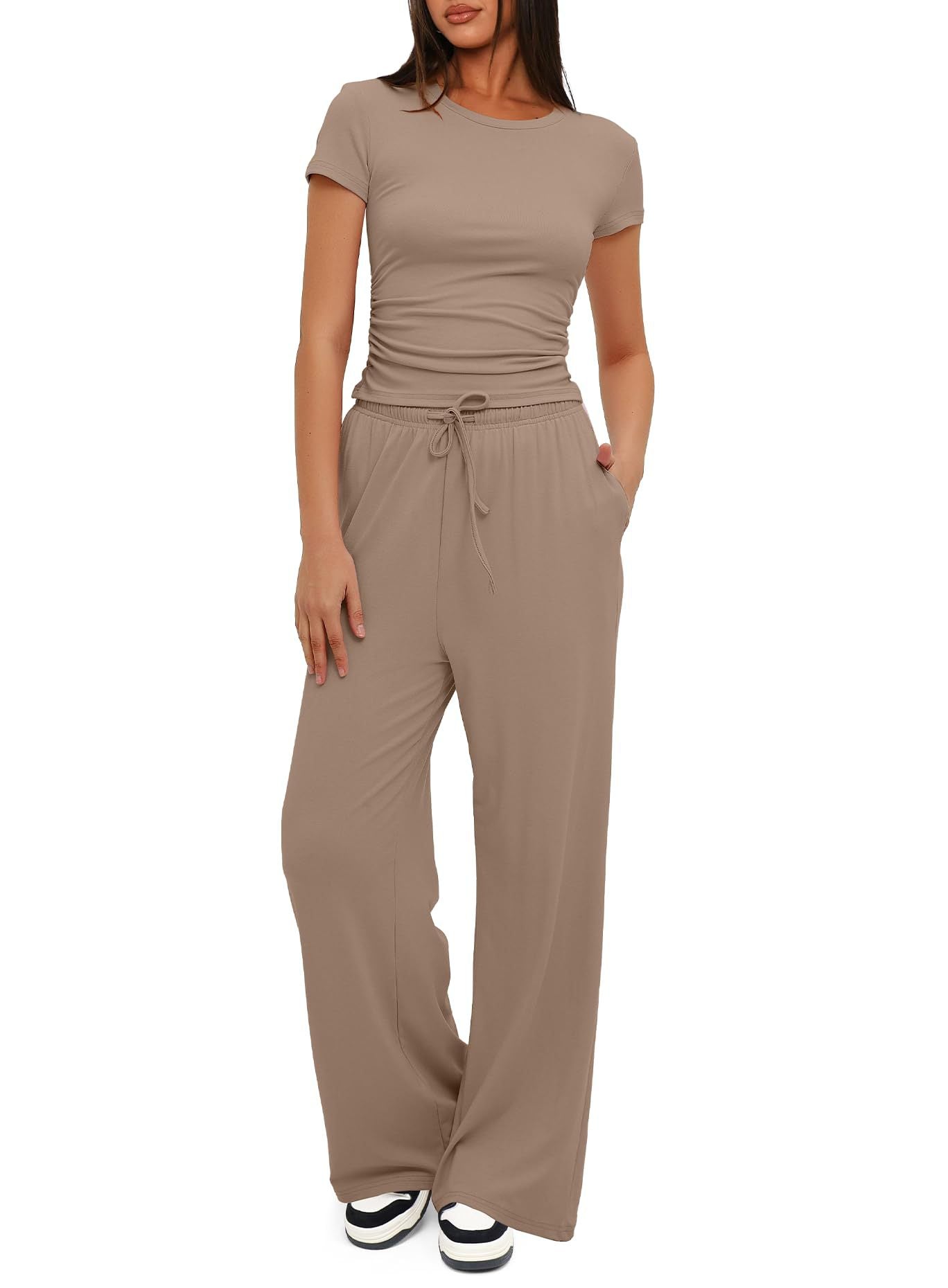 Conjunto deportivo informal de color liso para mujer, con top de manga corta y cintura alta y pantalones anchos