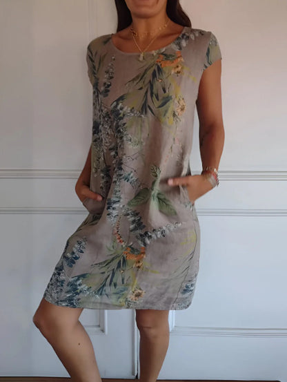 Vestido informal holgado con estampado de cuello redondo y manga corta con bolsillos para mujer