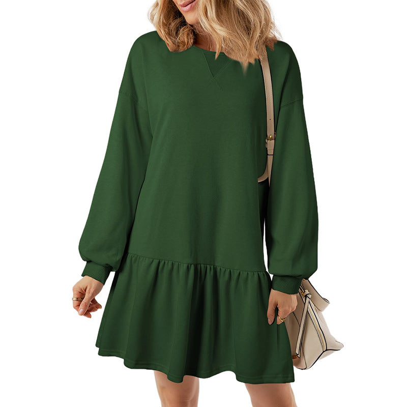 Vestido mini informal de manga larga con cuello redondo y color liso para mujer