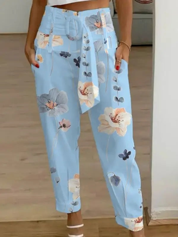 Women Casual Summer Solid Color Linen Floral Pants