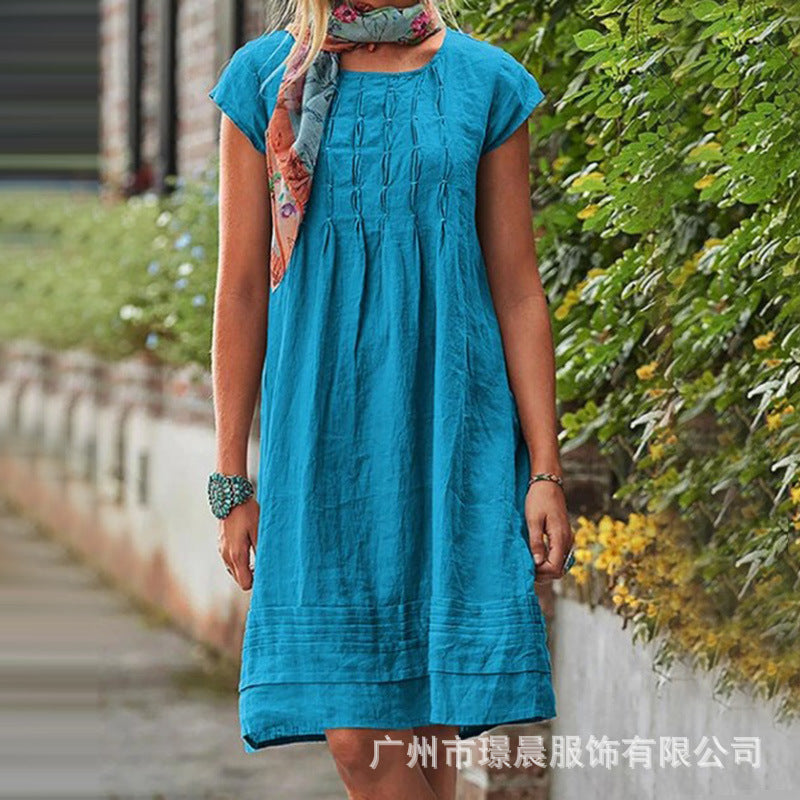 Women Fashion Casual Solid Color Short Sleeve Square Neck Dress