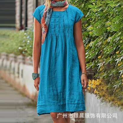 Women Fashion Casual Solid Color Short Sleeve Square Neck Dress