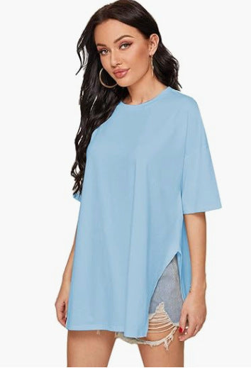 Summer Women Casual Solid Color Round Neck Short Sleeve Split T-Shirt