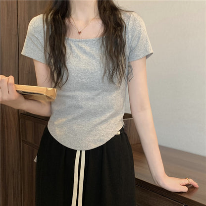 Camiseta informal de manga corta irregular con cuello en U y color liso para mujer