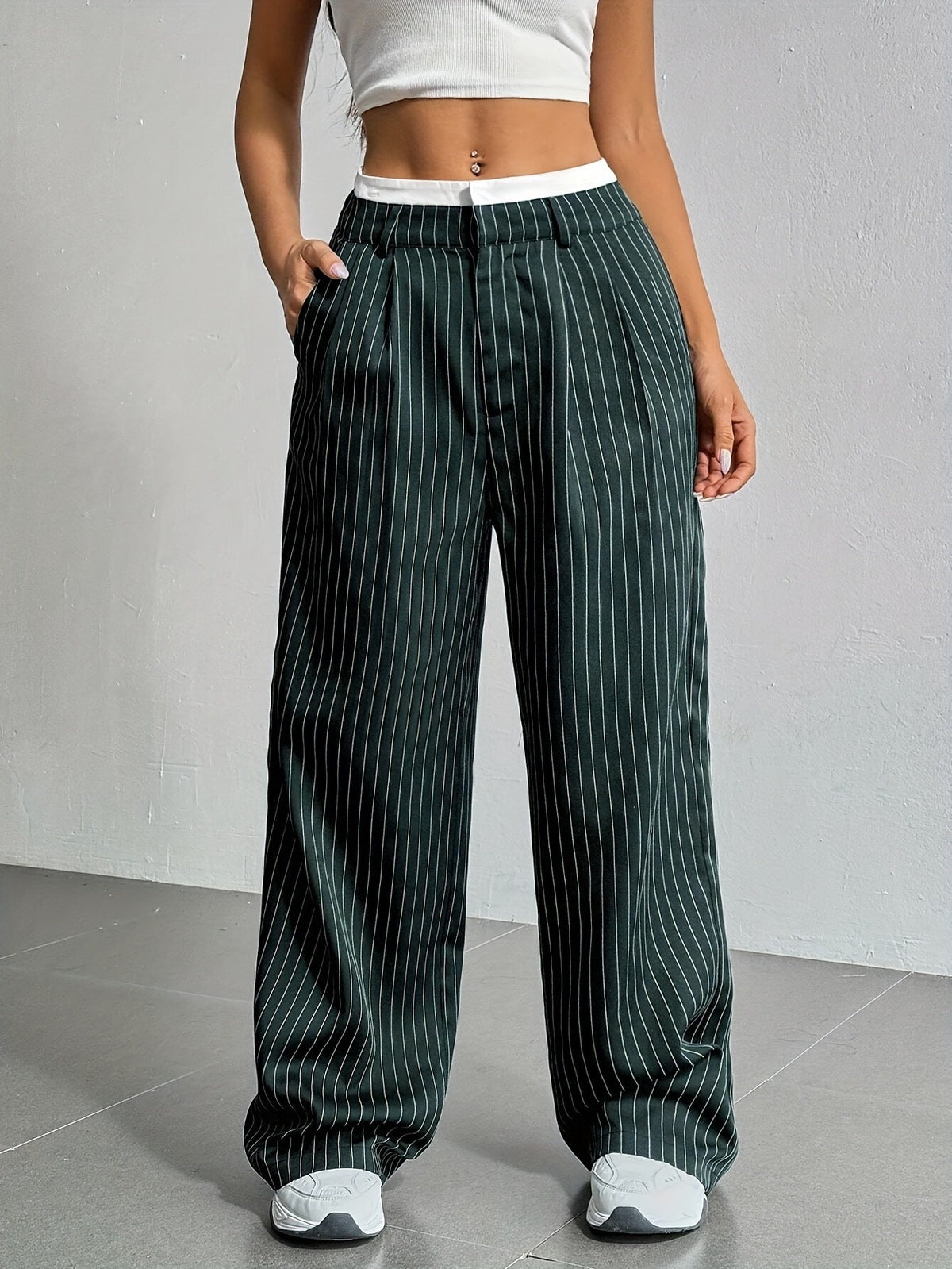 Women Casual Solid Color Stripe High Waist Loose Pants