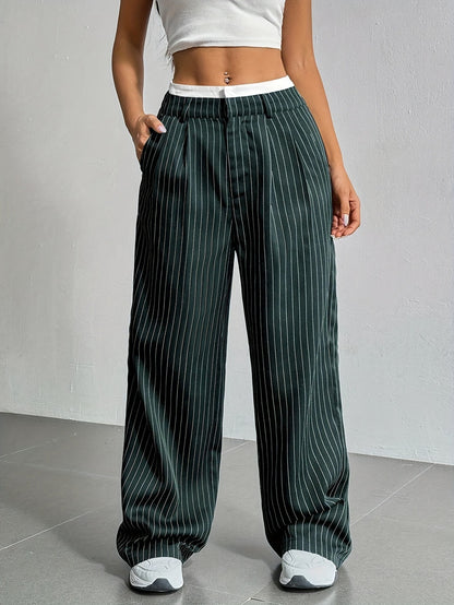 Women Casual Solid Color Stripe High Waist Loose Pants