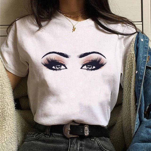 Camiseta informal de manga corta con estampado de ojos para mujer