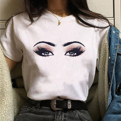 Camiseta informal de manga corta con estampado de ojos para mujer