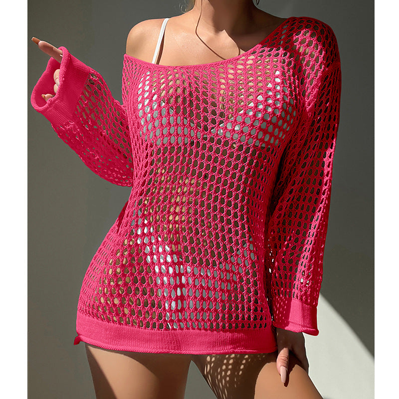 Traje de baño de punto holgado con cuello redondo y aberturas grandes para playa y vacaciones para mujer