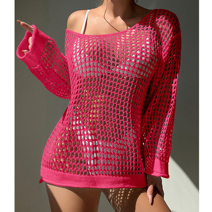 Traje de baño de punto holgado con cuello redondo y aberturas grandes para playa y vacaciones para mujer