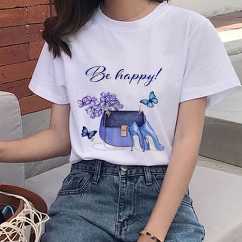 Camiseta informal de manga corta con cuello redondo y estampado de labios para mujer