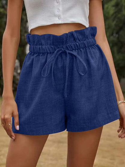 Summer Women Casual Solid Color High Waist Lace-Up Loose Shorts