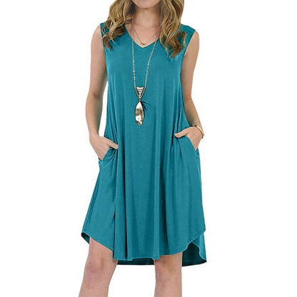 Women Fashion Casual Sleeveless Pocket V Neck Tank Dress