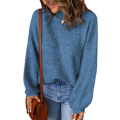 Suéter informal holgado de punto con cuello alto y mangas abullonadas de color liso para mujer de invierno