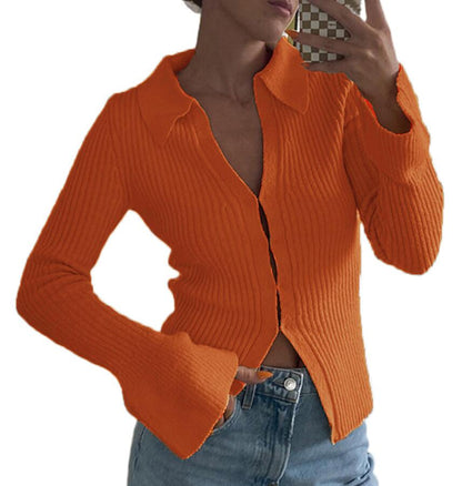 Women Casual Solid Color Lapel Long Sleeve Knitted Sweater