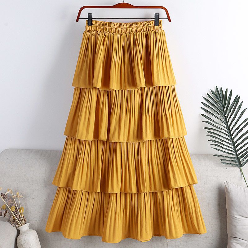 Women Fashion Casual Solid Color Ruffle Chiffon High Waist Skirt