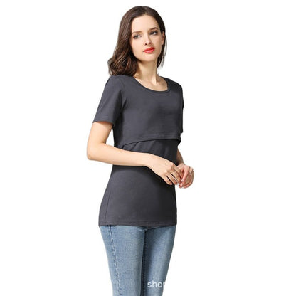 Camiseta de lactancia de color liso, informal, de manga corta, para embarazadas