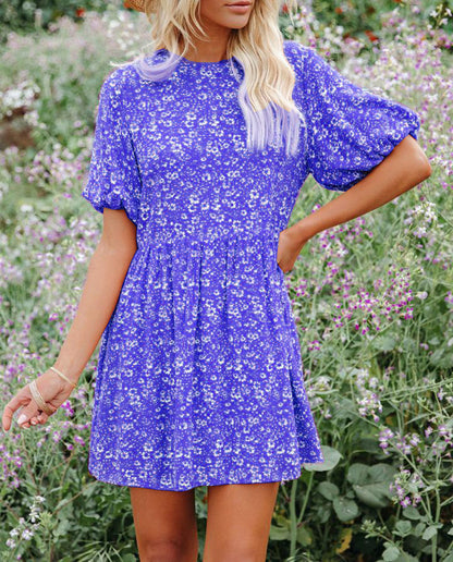 Vestido informal holgado de manga corta con estampado floral y mangas farol para mujer