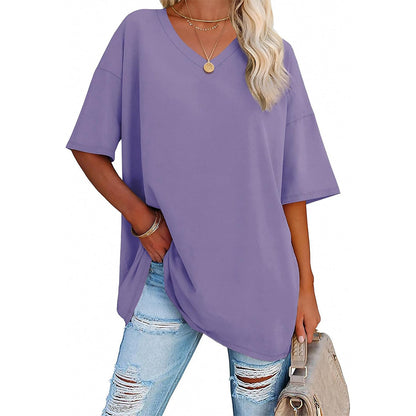 Camiseta informal holgada de color liso con cuello en V para mujer