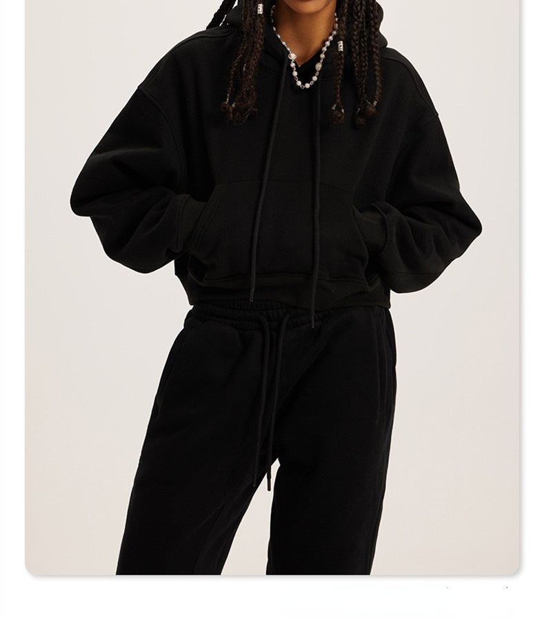 Athleisure Casual Fashion Solid Color Pullover Drawstring Pocket Hoodie Pants Set Women Sports Set