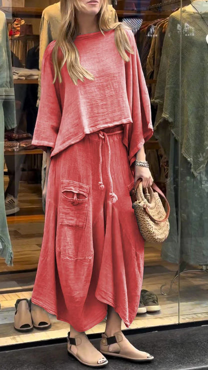 Conjunto de dos piezas para mujer, informal, de color liso, holgado, de manga larga, con falda irregular y cordones