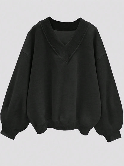 Women Fashion Casual Solid Color V-Neck Fleece-Lined Loose Sweatshirt