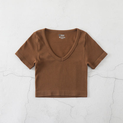 Women Fashion Casual Solid Color V-Neck Short-Sleeve Seamless Yoga Sports T-Shirt