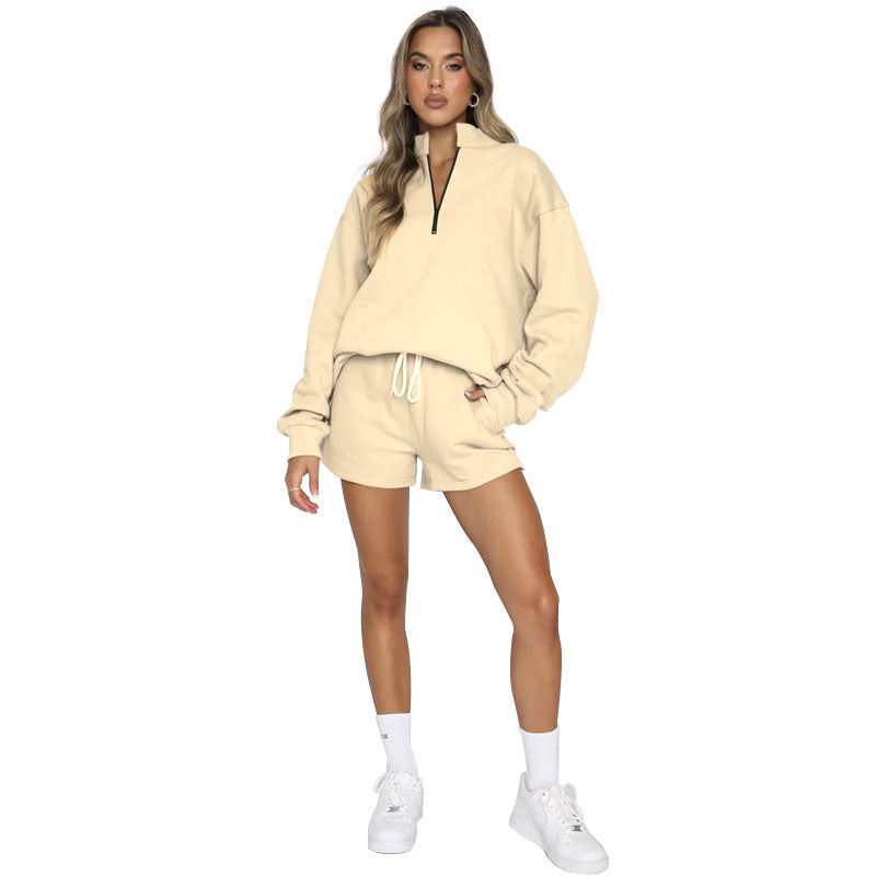 Women Casual Solid Color Stand Collar Half Zipper Long Sleeve Hoodie And Shorts Set
