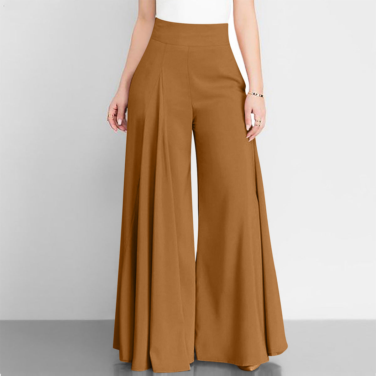 Women Fashion Casual Solid Color High Waist Wide Leg Thin Pants