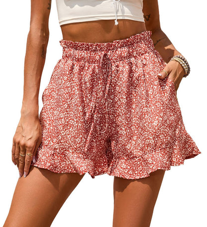 Women Fashion Casual Vacation Floral Printed Chiffon Pocket Drawstring Shorts
