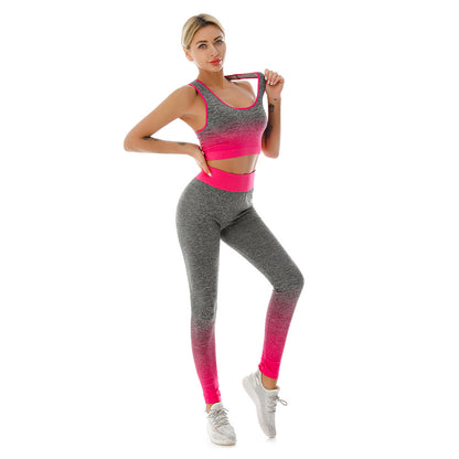 Women Fashion Casual Stretch Gradient Sports Bra High Waist Yoga Pants Two-Piece Set