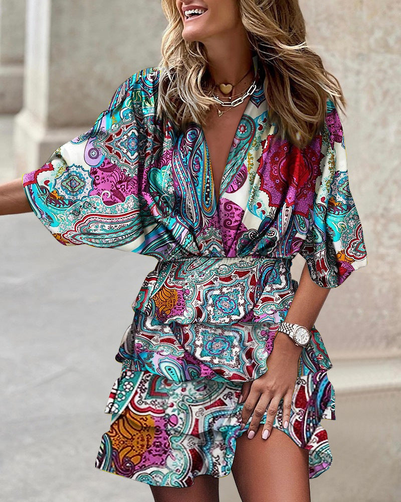 Vestido informal de vacaciones para mujer, con estampado de bloques de color, escote en V, mangas cortas, cintura definida y volantes