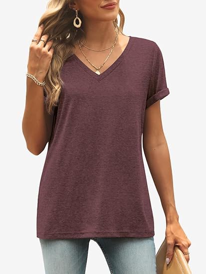 Camiseta informal de verano para mujer, color liso, cuello en V, manga corta, sin mangas