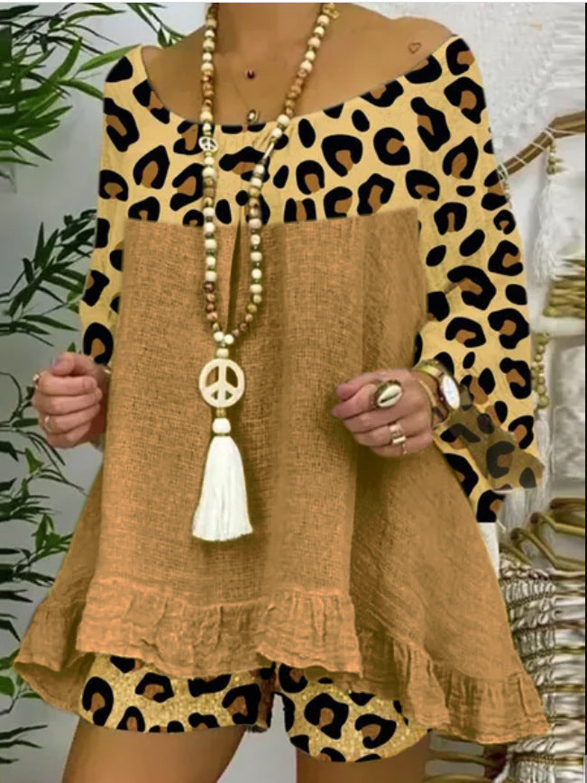 Conjunto de dos piezas con top y pantalones cortos con estampado de leopardo para mujer