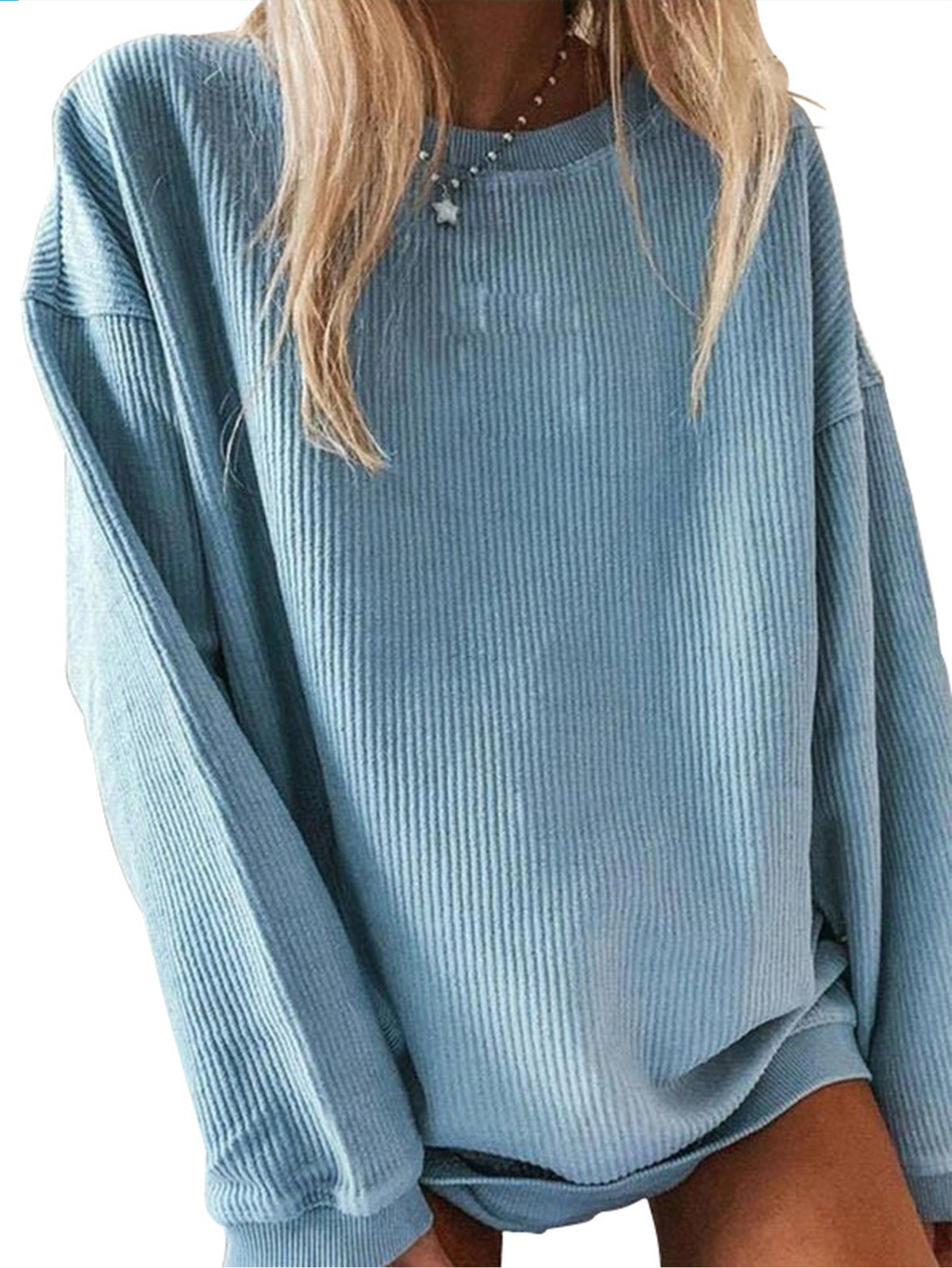 Sudadera informal de manga larga con cuello redondo y color liso para mujer