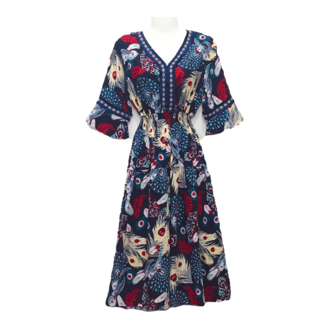 Vestido midi holgado informal de verano con cuello en V y mangas acampanadas para mujer