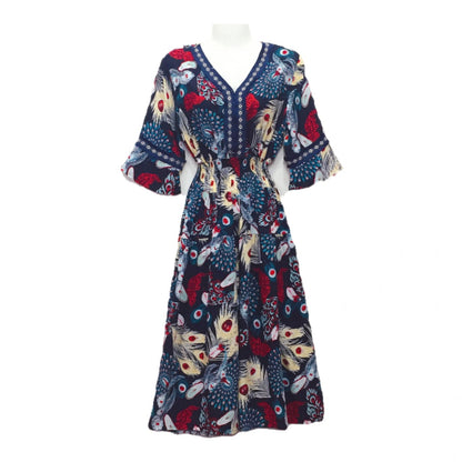 Vestido midi holgado informal de verano con cuello en V y mangas acampanadas para mujer