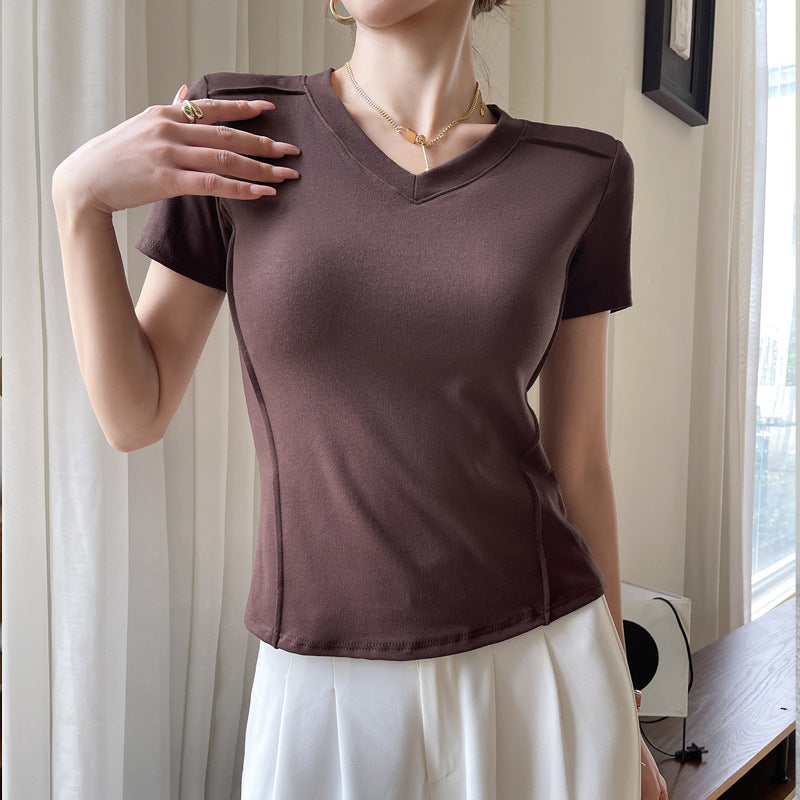 Camiseta informal de manga corta con cuello en V y color liso para mujer de verano