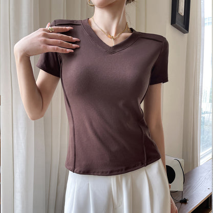 Camiseta informal de manga corta con cuello en V y color liso para mujer de verano